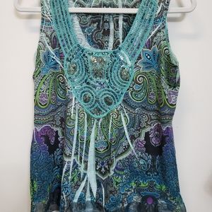 One World Live and Let Live Blouse Women's sz S paisley blue green